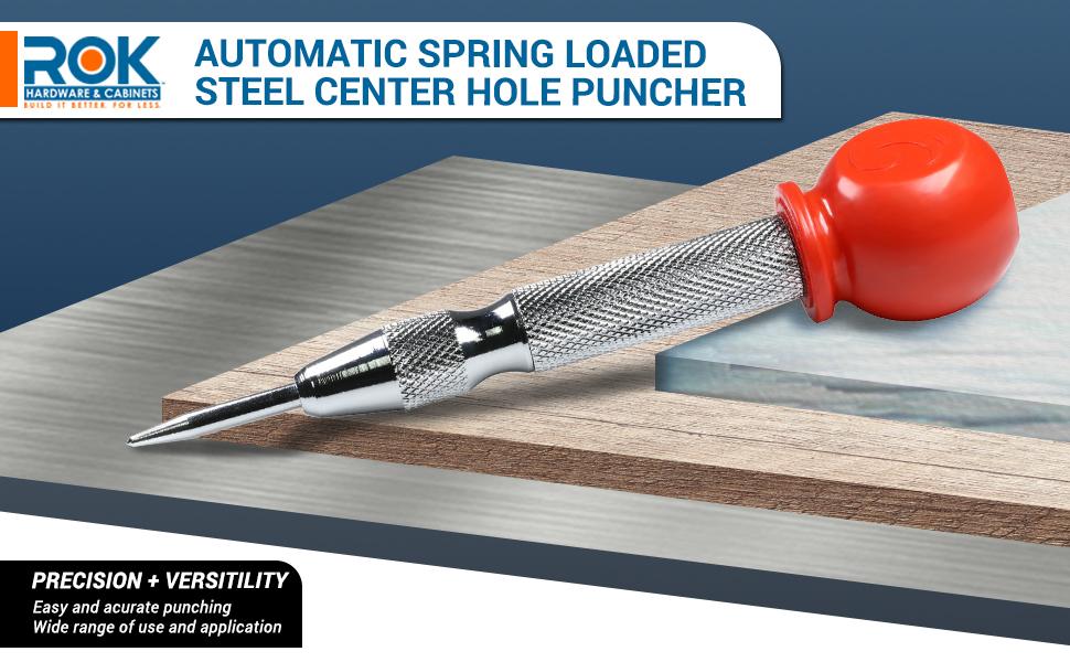 Rok Hardware 51/8" Automatic Spring Loaded Steel Center Hole Punch Tool for Metal, Wood, and