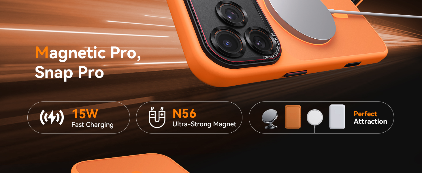 Text reads 'magnetic Pro, Snap Pro' with icons showing wireless charging, NFC, and other device compatibility features. Orange-tinted product interface display.