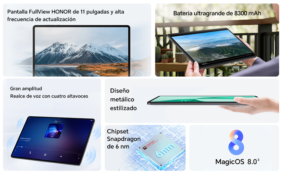 que presenta una pantalla grande, una batería ultragrande, un diseño metálico y un chipset. Varias imágenes destacan funciones como la pantalla de visualización completa y