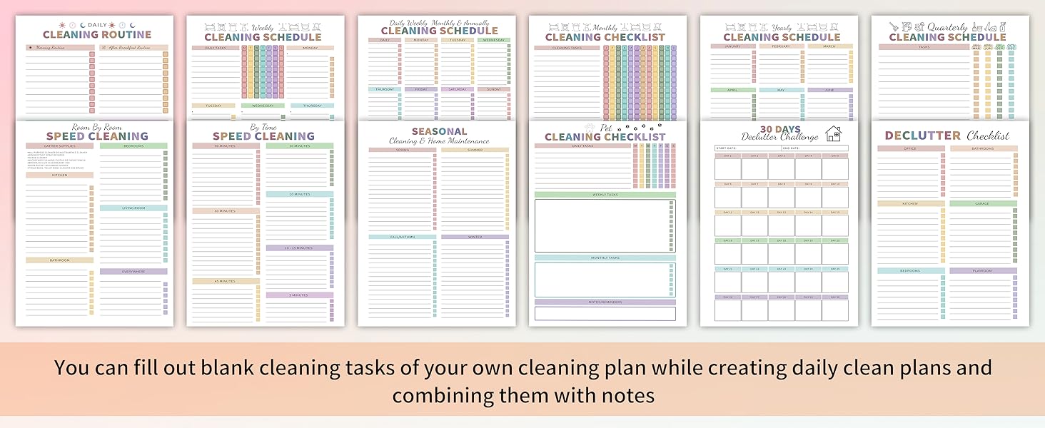Collection of six planner template pages in pink and mint green colors. Text at bottom reads 'You can fill up blank cleaning lists of your own choosing plan while creating daily clean plan and combining them with notes'