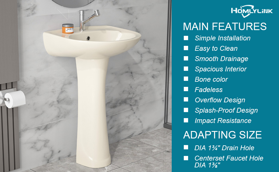 HOMLYLINK Pedestal Sink Bone 1 Hole, 20 x 17 Inch Bathroom Pedestal