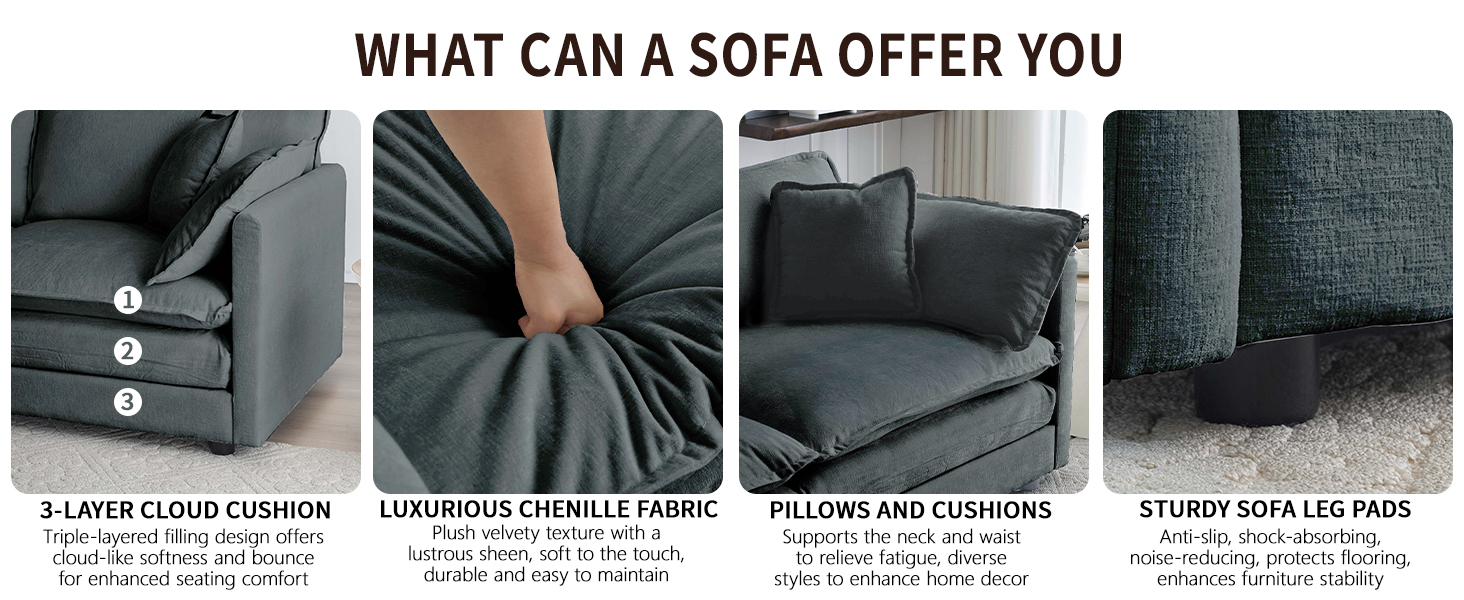 76.7" Modular Sectional Couch, Chenille Cloud Couch Sofa with Pillow and Movable Ottoman, L Shaped Deep Seat Couches for Living Room, Bedroom, Office, Apartment 12 COUCH