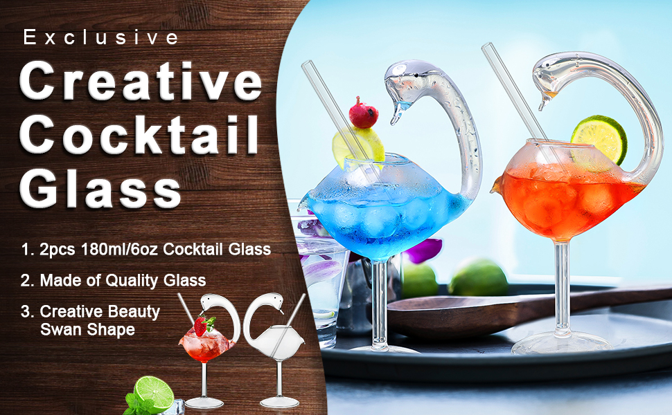 Novelty Cocktail Glasses 180 ml Swan Martini Cocktails Mixed Set Unique Wine Glasses Set of 2