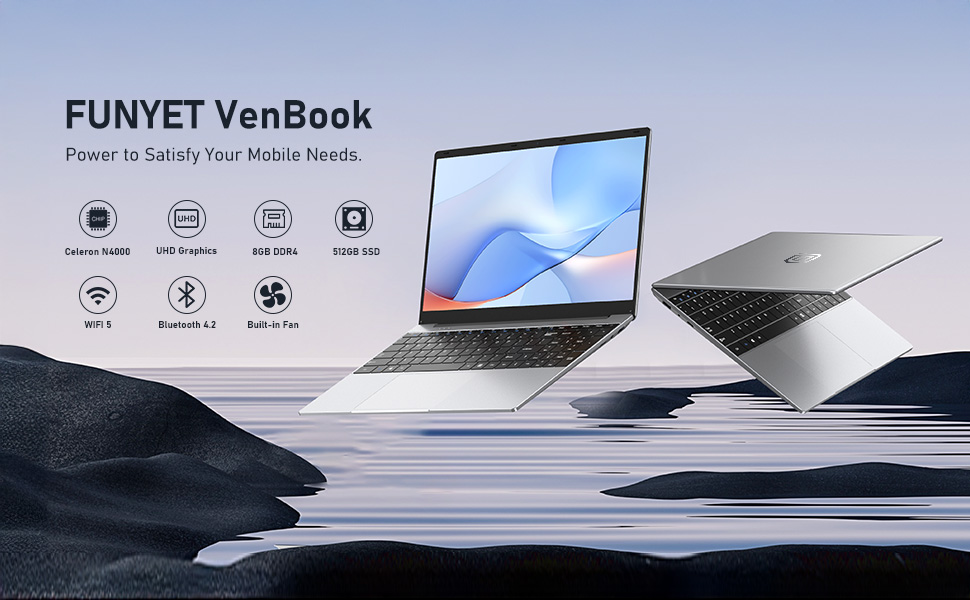 FUNYET VenBook laptop showcased in multiple angles. Features include touchscreen, 180° hinge, 12GB memory, and long battery life, displayed with product icons.