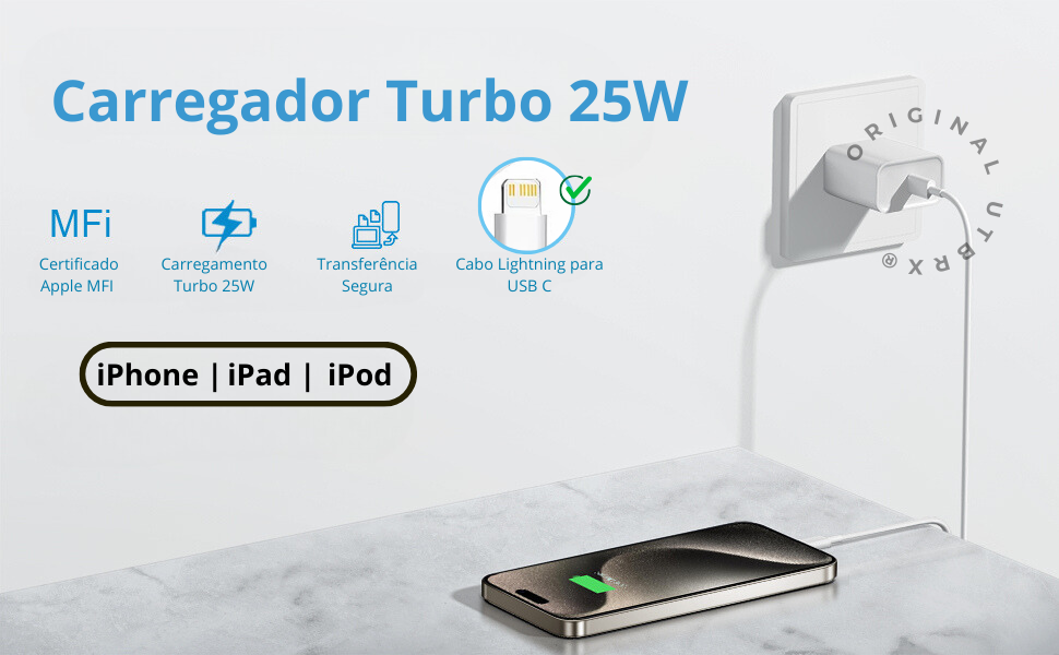 Carregador turbo iphone, carregador rapido, carregador tipo iphone, lightning