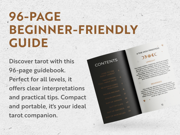 96-page beginner-friendly tarot guidebook with clear interpretations, practical tips, and content