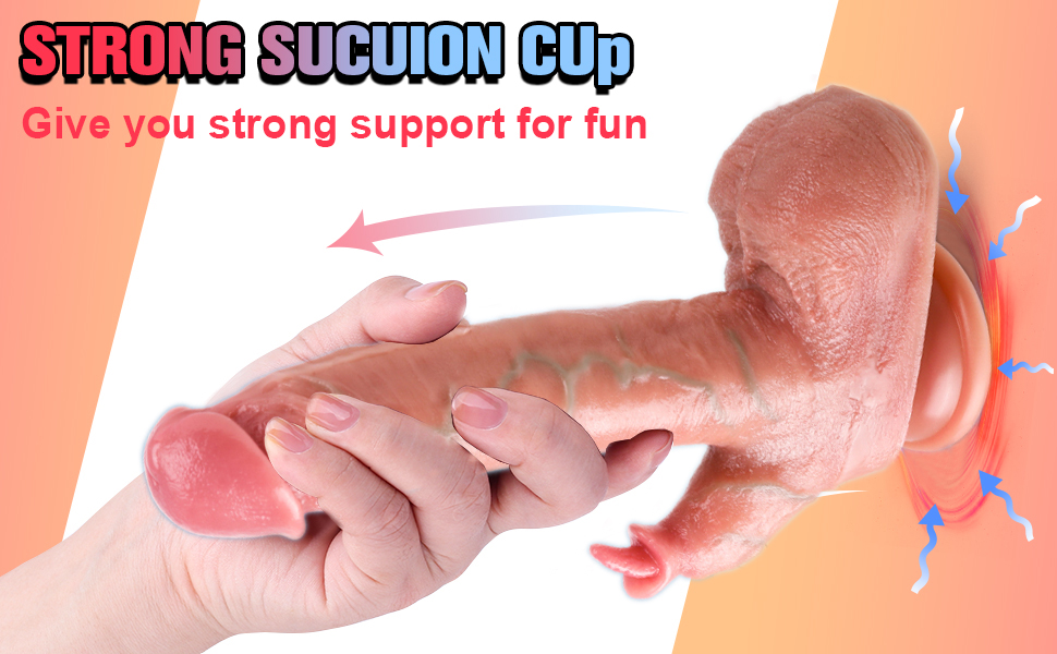 Close-up of a flesh-colored suction cup attached to a hand. Text reads 'Strong suction cup, Give you strong support for fun'.