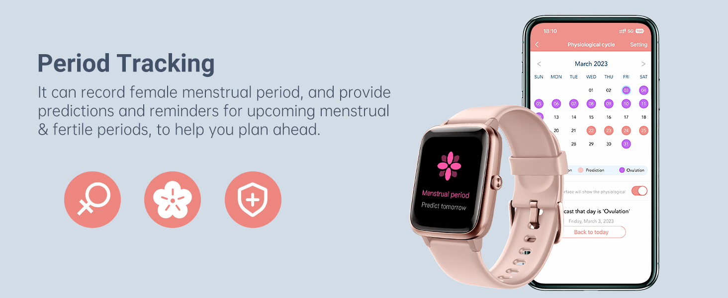 Smartwatch with pink band next to smartphone displaying period tracking app. Calendar interface shown with menstrual cycle prediction features.