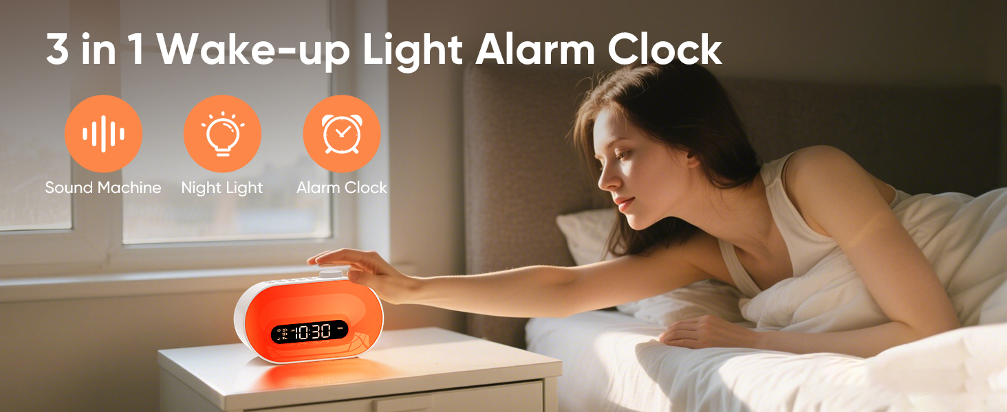 yong female wake up plesantly by sunrise alarm clock in the morning