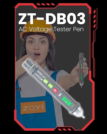 ZT-DB03 AC Voltage Tester Pen with digital display and colored indicator lights. Handheld device for electrical testing, shown in use with safety gear.