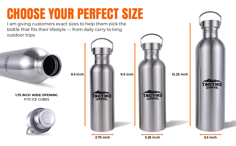 Three silver insulated water bottles shown with size measurements.
