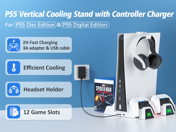 Amazon Com Oivo Ps5 Stand Suction Cooling Station With Ac Adapter Ps5 Controller Charging Station For Playstation 5 Console Ps5 Cooling Fan Stand Ps5 Controller Charger Accessories 12 Slots Headset Holder Video Games