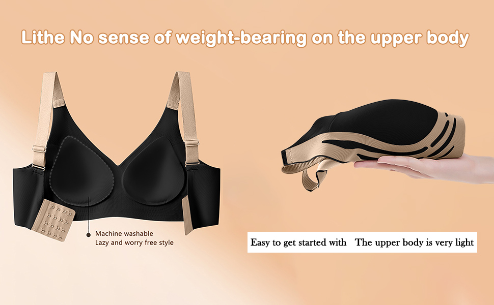 Le texte se lit comme suit : « Peu de sensation de prise de poids sur le haut du corps ». Produit de soutien-gorge noir avec des détails de conception techniques illustrés.