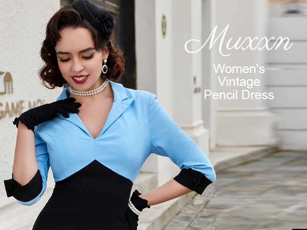 MUXXN Women's Vintage Midi V Neck 3/4 Sleeve Bodycon