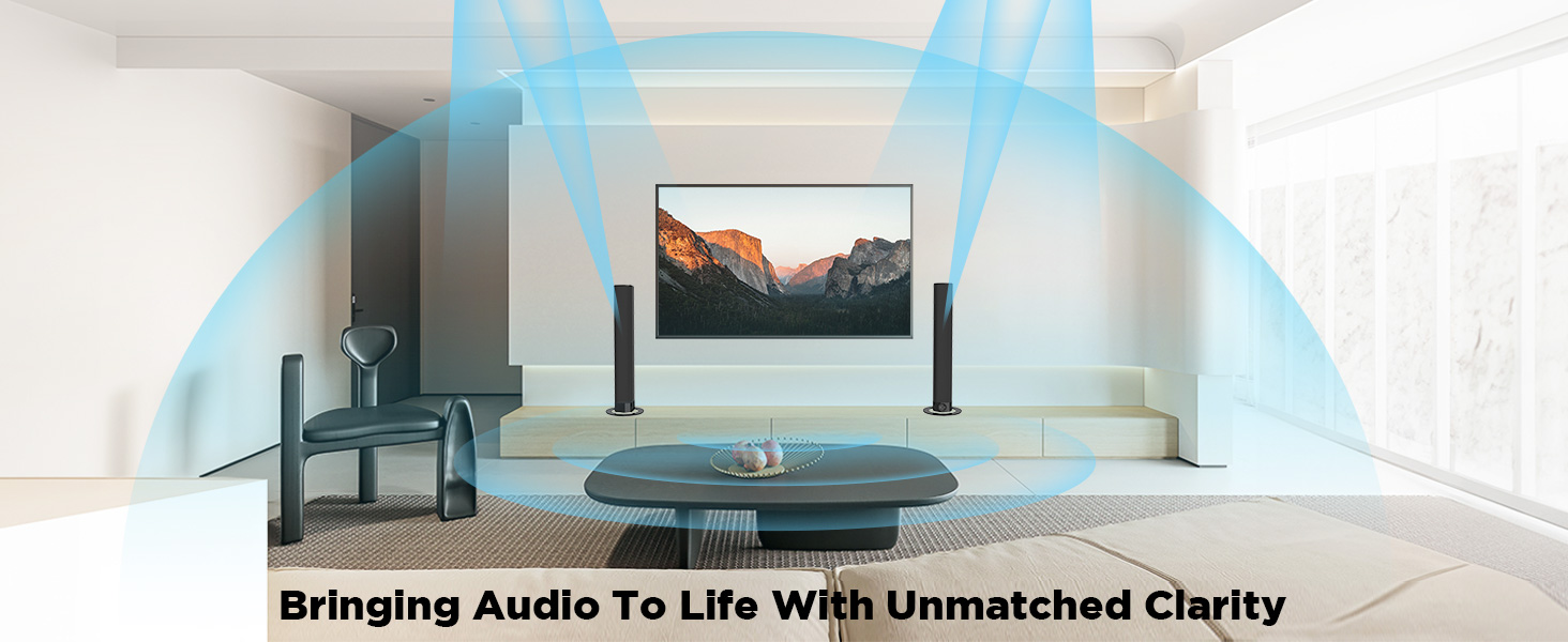 Home theater system with soundbar and satellite speakers, projecting blue sound waves. TV shows mountain scenery. Text reads 'Bringing Audio to Life With Unmatched Clarity'.