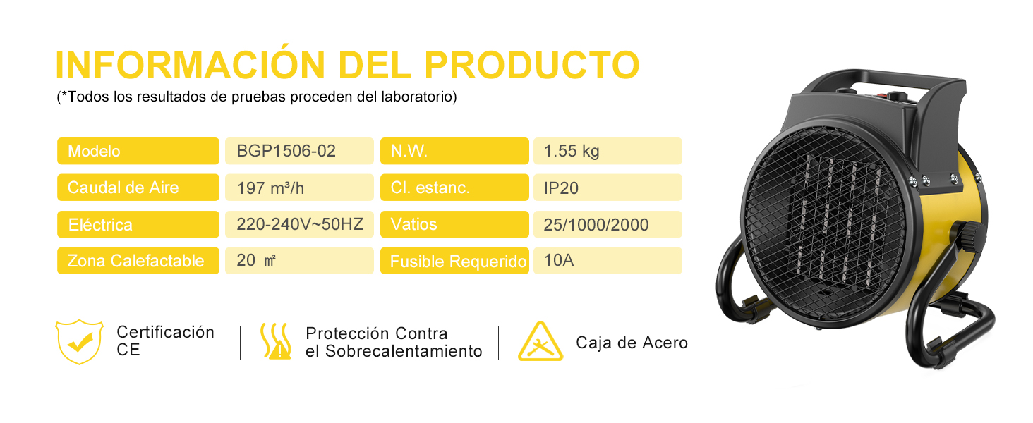 El texto dice «INFORMACIÓN DEL PRODUCTO» seguido de las especificaciones técnicas. La imagen del producto muestra un calentador portátil negro y amarillo con múltiples orificios de ventilación.