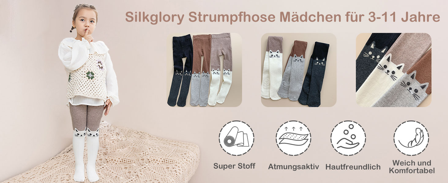 Strumpfhosendisplay für Kinder. Mädchen in weißem Pullover und gemusterter Strumpfhose. Verschiedene Strumpfhosenfarben abgebildet. Symbole weisen auf Produktmerkmale