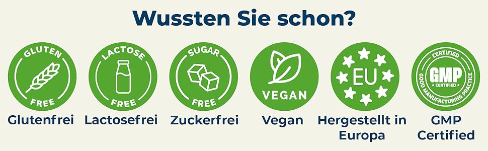 Sechs grüne kreisförmige Symbole mit Produktzertifizierungen: glutenfrei, laktosefrei, zuckerfrei, vegan, in Europa hergestellt und GMP-zertifiziert. Deutscher Text 'Wussten Sie schon? '