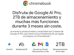 El texto dice: «Disfruta de Google AI Pro, 2 TB de almacenamiento y muchas más funciones durante 4 meses sin coste». Los iconos muestran los indicadores de Google, RoundeAI, almacenamiento en la nube y 2 TB de almacenamiento.