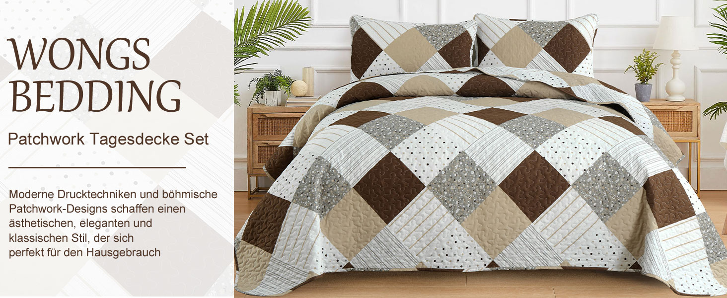 WONGS BEDDING Bedspread 220 x 240 cm Khaki Patchwork Bed Throw Quilted