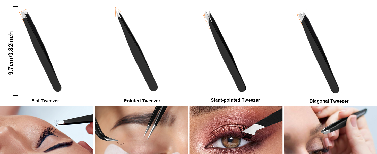 Four types of eyeliner applicators shown: felt tip, foam tip, sharpened pencil, and angled brush, with application demonstrations.