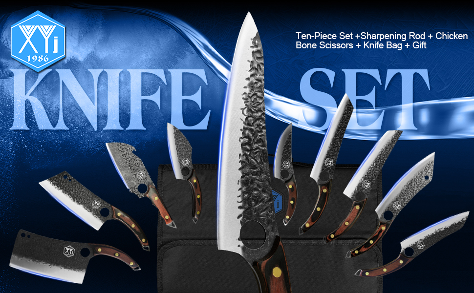 Authentic XYJ Since 1986,10 Pieces Kitchen Knife Set with Roll Bag