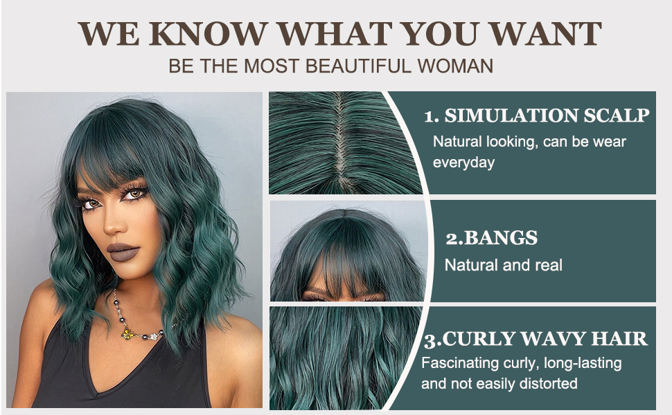 Esmee Short Wave Green Bob Wigs With Fringe 