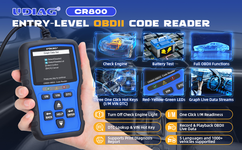 UDIAG CR800 OBD2 Scanner Diagnostic Tool with Battery Test, All OBD2 ...