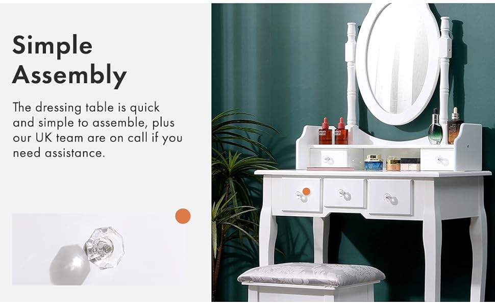 AVC Designs White Dressing Table, Oval Mirror & Stool Set (5 Drawer