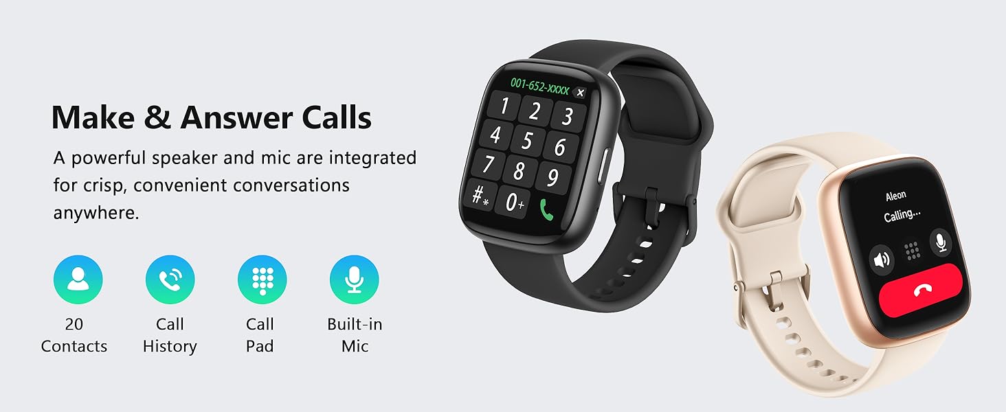 Product showcase of a smart watch displaying various function icons. Shows interface features including 'Make & Answer Calls' and other communication capabilities.