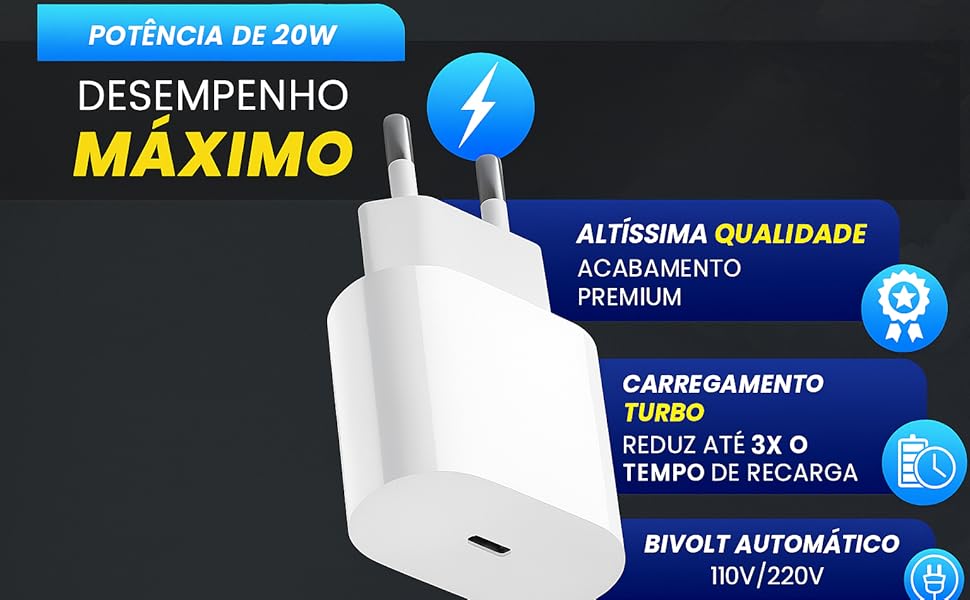 Kit Carregador Super Turbo Premium Entrada Tipo C + Cabo Compatível