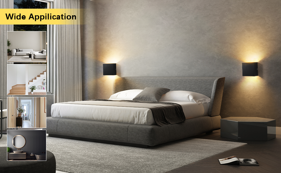 Modern bedroom with gray upholstered bed, two wall-mounted square light fixtures emitting warm glow, and neutral toned decor. Inset image shows additional living spaces.