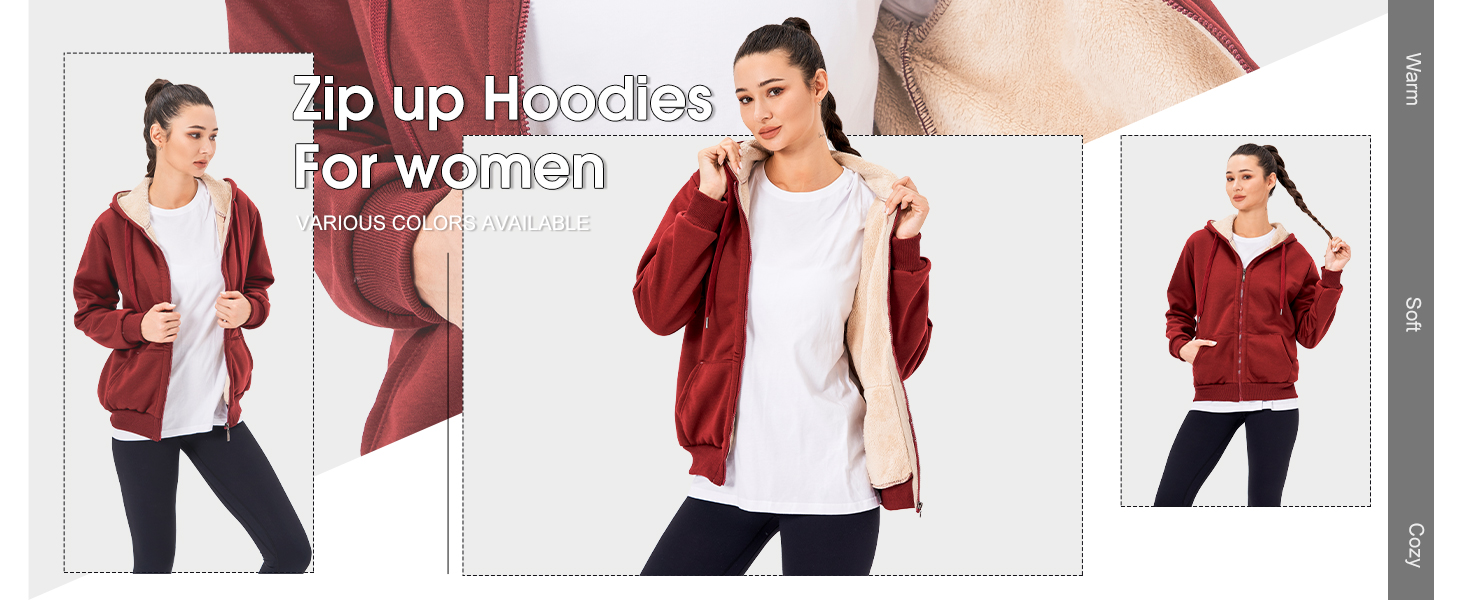 Burgundy zip-up hoodie for women, shown from multiple angles. Features include a full-length zipper, white inner lining, and a relaxed fit style.