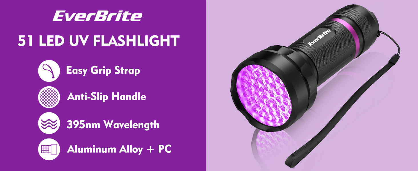EverBrite UV Flashlight, 51 LED Blacklight Flashlights, 395nm Black