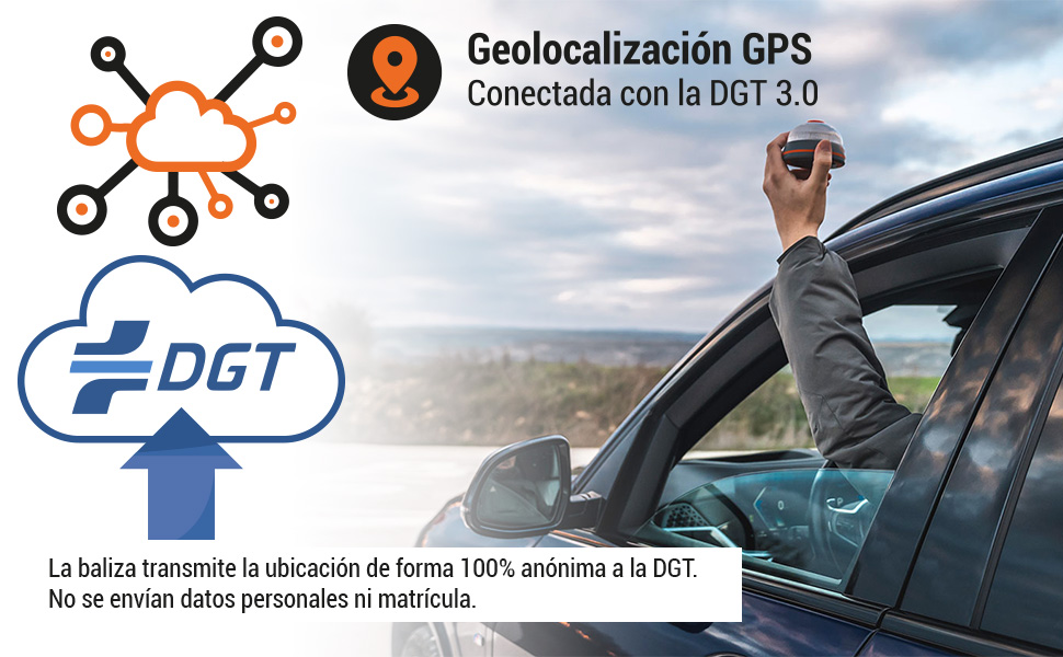 Baliza V16 conectada y geolocalizada, certificada DGT, luz de emergencia y conectividad 2040