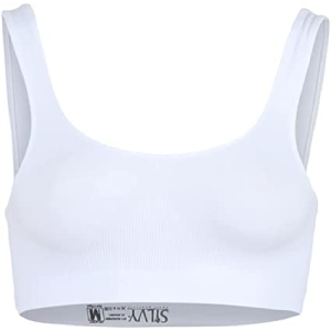 Text reads 'K-XMIX'. White sports bra with wide shoulder straps and scoop neckline, made from stretchy athletic fabric.