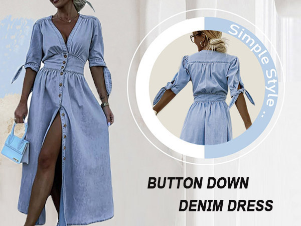 utcoco Womens Casual Button Down Maxi Denim Dress V-Neck Tie