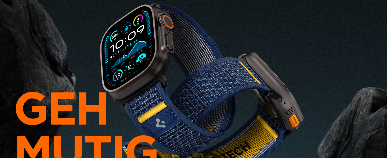 Der Text lautet "GEH". Das Marketingbild einer Smartwatch zeigt ein Gerät mit blauem Netzband und digitalem Schnittstellendisplay vor dunklem Hintergrund.
