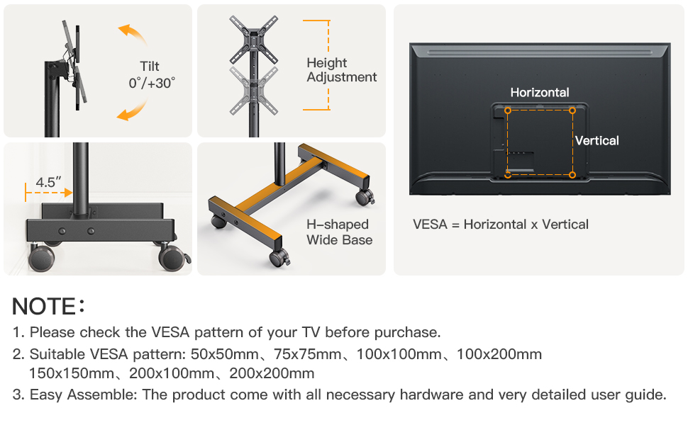 Perlegear Mobile TV Cart, Rolling TV Stand for 1343 inch