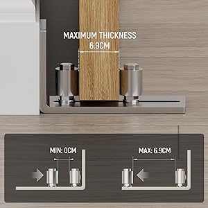 Text reads 'MAXIMUM THICKNESS 8.5CM', 'MIN 0CM', 'MAX 8.5CM'. Technical diagrams or installation measurements for a mounting system or bracket.