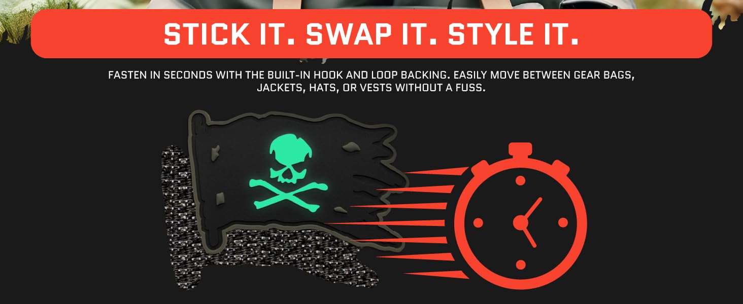 Hand peeling a PVC patch off a hook-and-loop panel on a tactical bag, showcasing easy swap feature