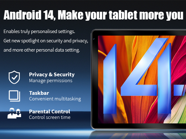 Android 14 interface preview showing privacy features including security settings, taskbar functionality, and parental controls against dark background with large '14' graphic.
