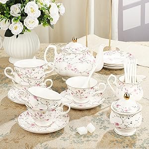 white and floral tea set, teapot, 6cups, 6saucers, 6spoons, sugar jar, cream pitcher
