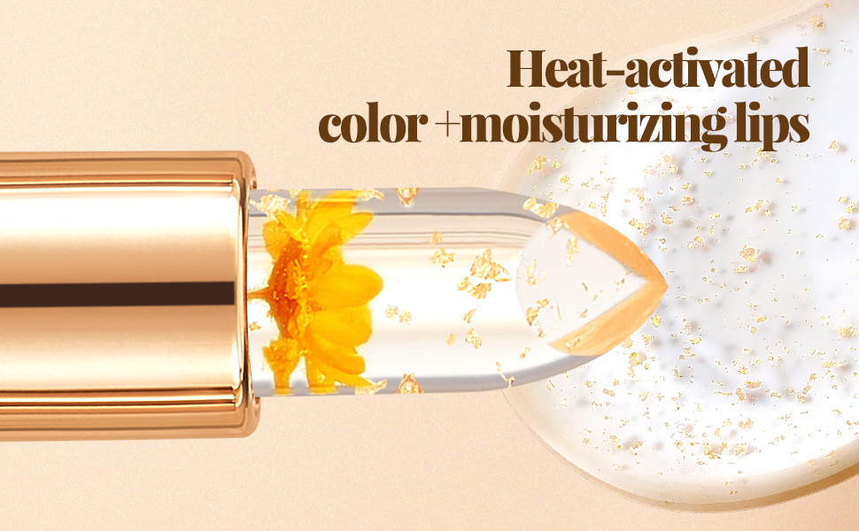 Text reads 'Heat-activated color + moisturizing lips'. Close-up product shot showing gold metallic cosmetic container with orange liquid substance.