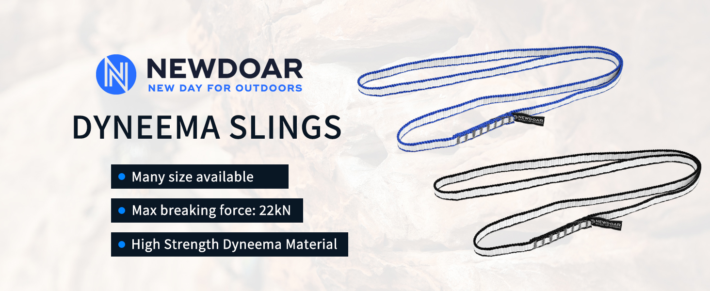 Two Dyneema slings, blue and gray, with metal buckles. Product features include multiple sizes, 22kN breaking force, and high-strength Dyneema material construction.
