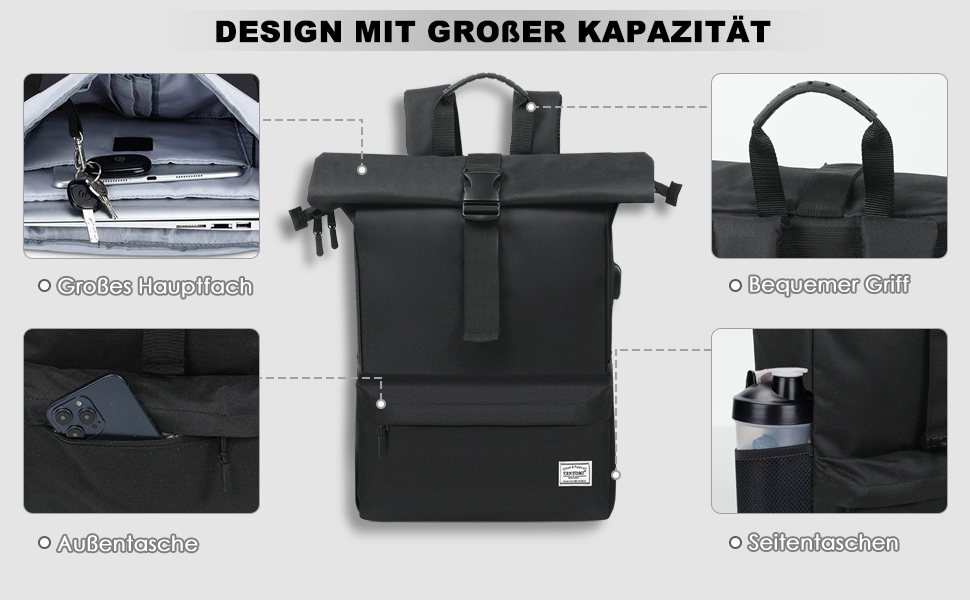 Présentation de produits de sacs à dos à fermeture à roulettes noirs présentant de multiples angles et caractéristiques, notamment des poches latérales et des poignées de transport