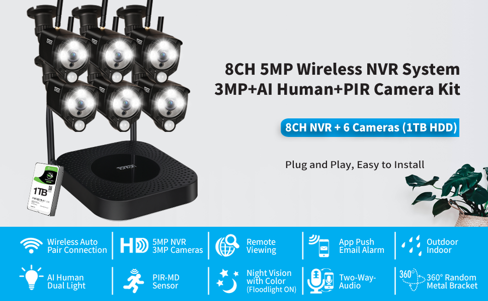 8 Channel NVR and 6PCS Video & Audio Recording Cameras(1TB HDD Pre-Installed)