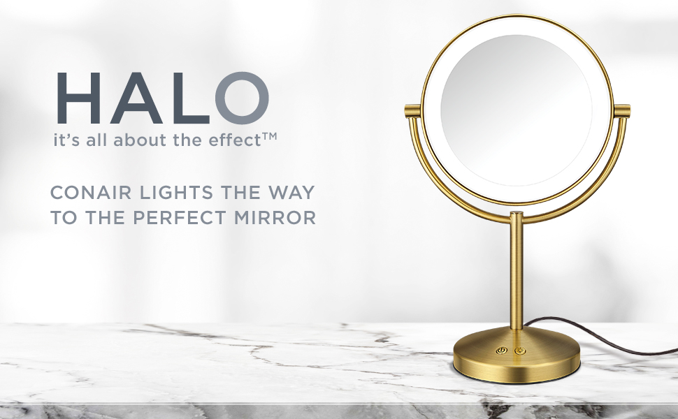 LED Lighted Vanity Mirror with 1X/10x Magnification and Line Cord in Brushed Brass finish