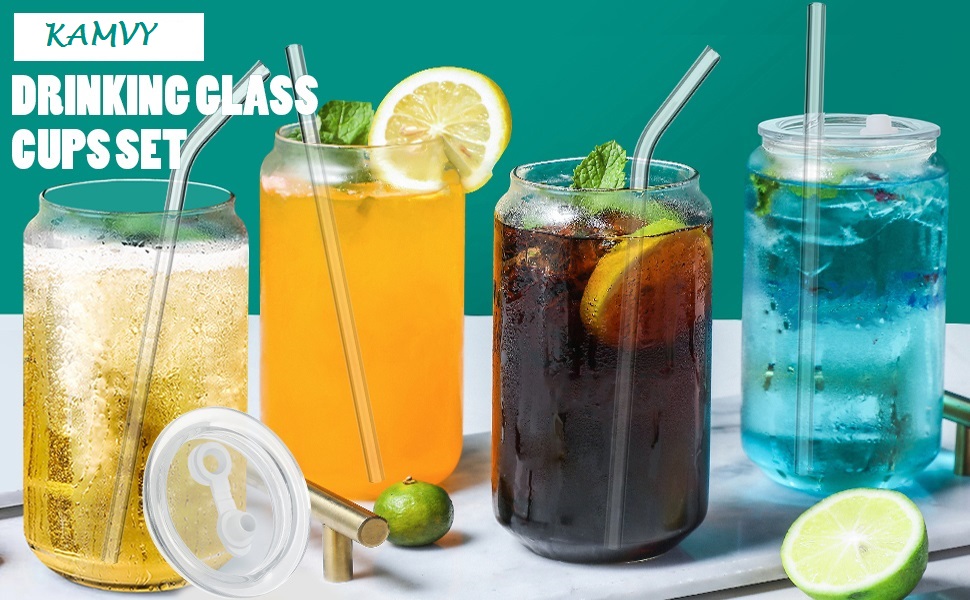 Buy KAMVY Drinking Glasses with Lids and Glass Straw 1pcs Set 540ml