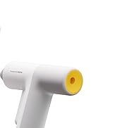 Dispositivo electrónico portátil blanco con diseño minimalista, que presenta una forma cilíndrica y un componente final circular amarillo